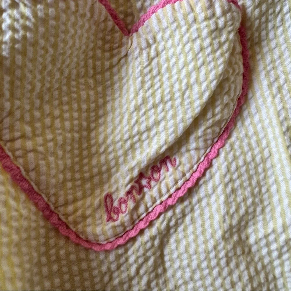 Bonton Girls 12 Skirt Yellow Seersucker Pink Heart Pockets Elastic Stretch Waist